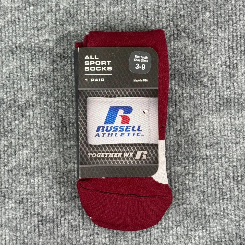 Russell Athletic Socks Youth Size‎ 3-9 All Sport Maroon White USA Made New